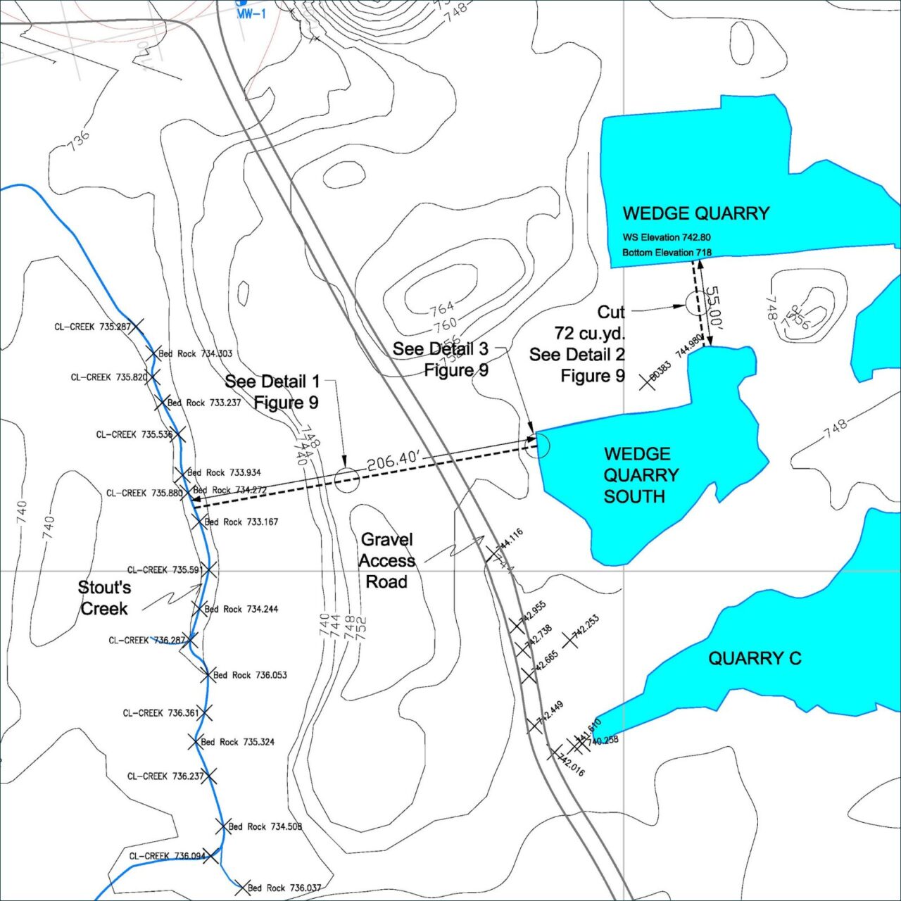 Topographic site map of Wedge Quarry and surrounding areas in Bloomington, Indiana, showing contour lines, water features, and gravel access roads.